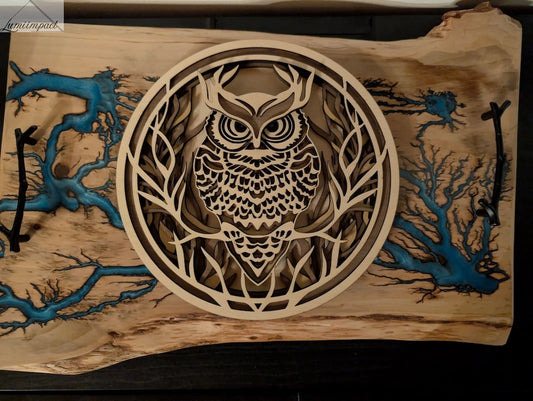 Décoration murale hibou en bois 3D conçue par gravure laser pour un intérieur bohème chic. Posé sur une planche en bois gravée