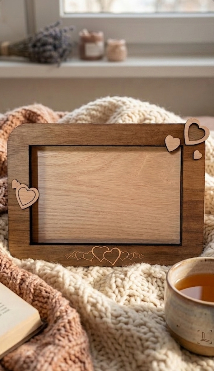 Un cadre photo en bois pour un cadeau personnalisé fait par gravure laser.